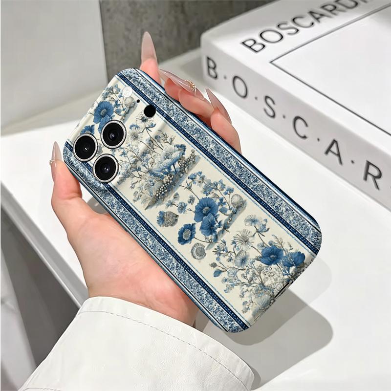 Classic Blue White Border Botanical Art Graphic Film Aesthetic Protective Shockproof Bumper Phone Case For iPhone 13 14 15 16 17 Pro Max Plus