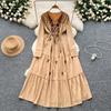 Vintage Western Style Embroidered V-neck Strap Up Waist Long Sleeve Dress for Women French Elegant Grand Swing Long Dress