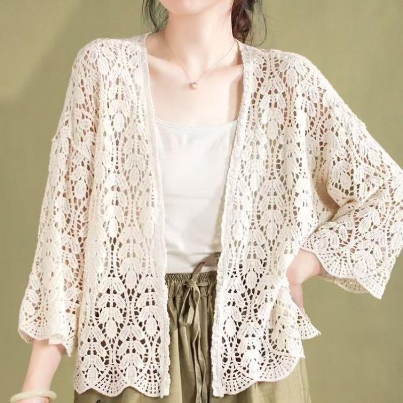 Frühling Sommer Damen Dünn Lochstrick Cardigan Koreanische Mode Oberteil Kurz Locker Klimaanlage Sonnenschutz Hemd Grace