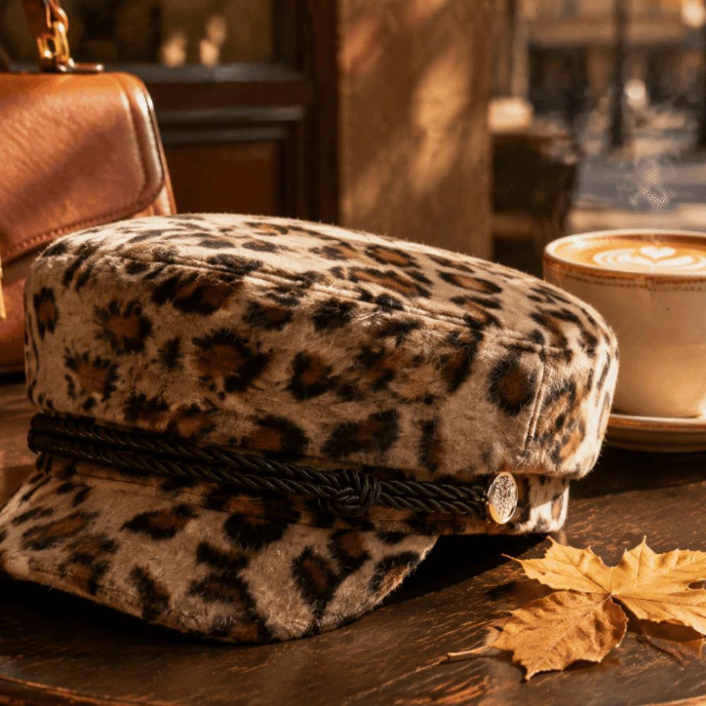 Decorative Button Flat Top Hat Vintage Style Leopard Print Cap Casual Newsboy Beret Hat Party