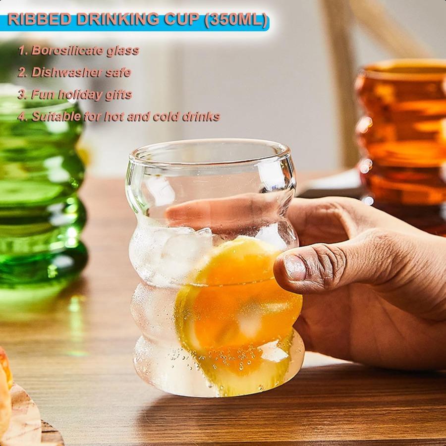 

Ribbed Drinking Glasses with Glass Straws Set of 4 13 oz Wave Bubble Glass Tumbler Aesthetic Cup Iced Coffee Glasses Cocktail G United States