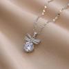 Necklace: Women's Pink Cubic Zirconia Bow Clavicle Chain, Korean-Japanese Style, Simple & Elegant.