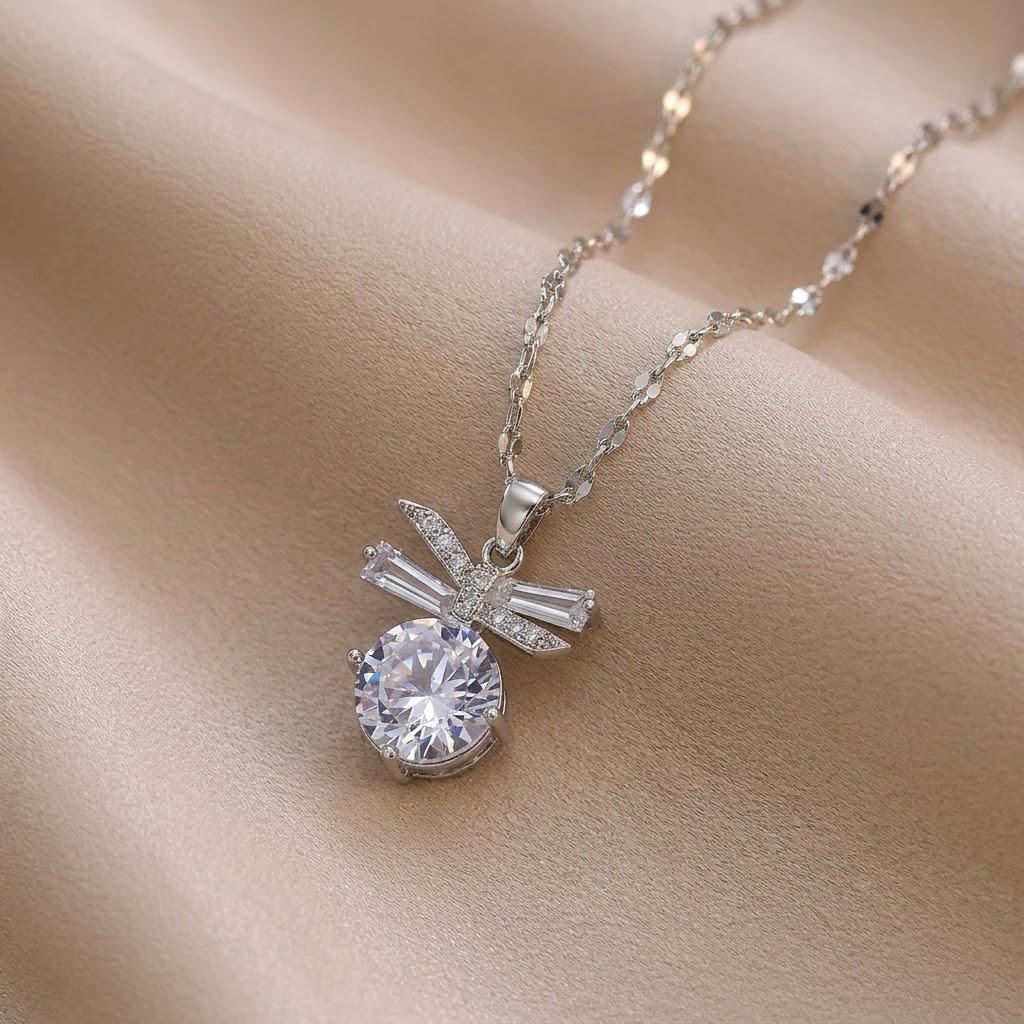 Necklace: Women's Pink Cubic Zirconia Bow Clavicle Chain, Korean-Japanese Style, Simple & Elegant.
