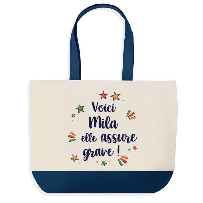 Tote bag - PLANETEE - Mila elle assure grave - Fond bleu - Coton 40x45 cm - Fabriqué en France