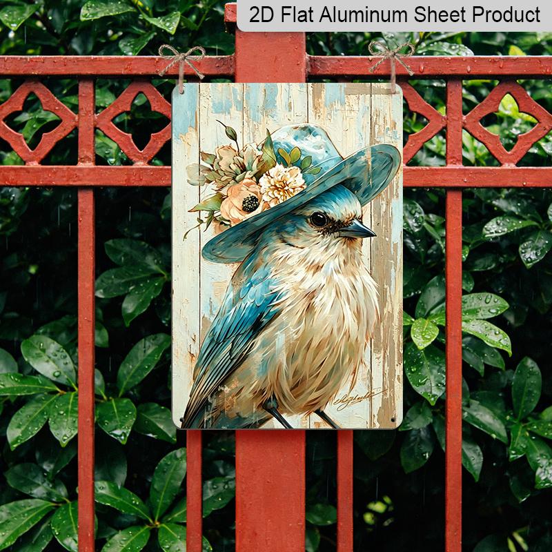 2D Flat - 1pc Vintage Blue Bird with Floral Hat Aluminum Sign - Shabby Chic Wall Decor, Farmhouse Kitchen & Dining Room Wall, Shabby Chic Living Room