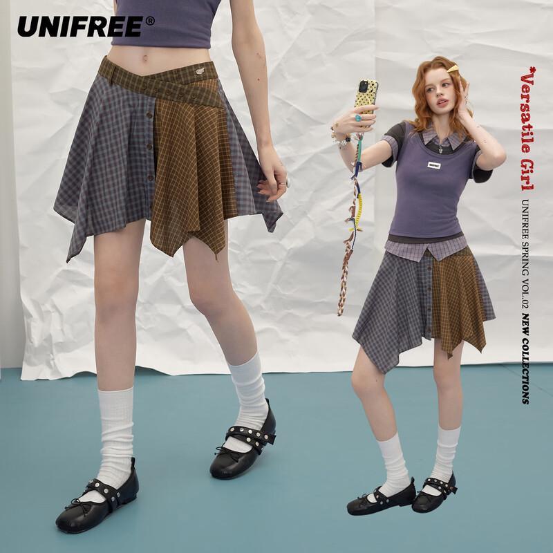UNIFREE 2026 Spring Plaid Patchwork Irregular Hem Mini Skirt M