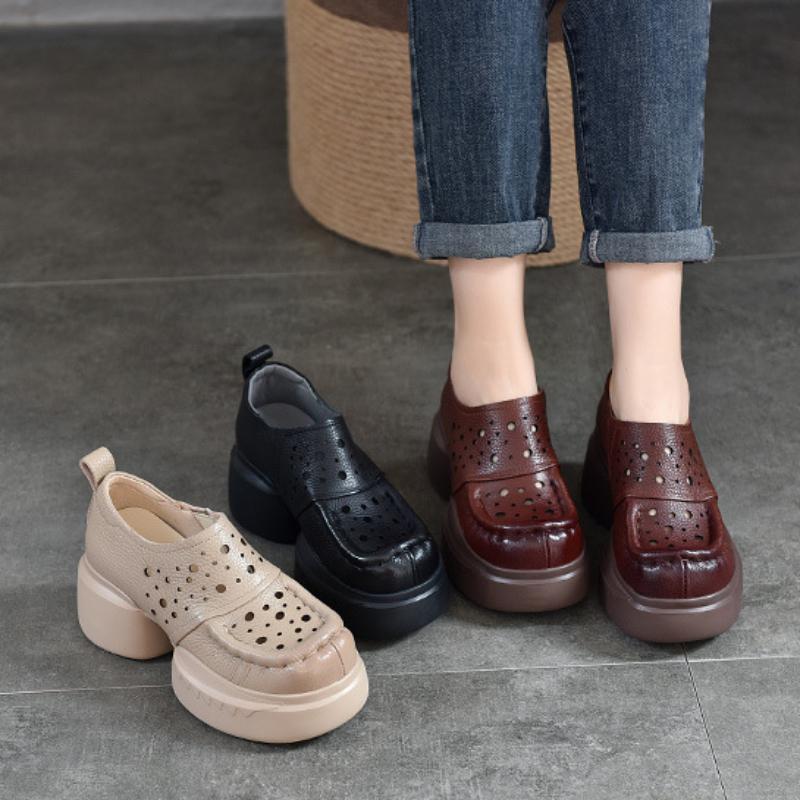 Johnature Thick Soled Retro Hollow Sandals Versatile Genuine Leather High Heels Women's Platform Shoes