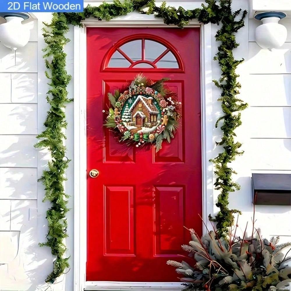Tin Gingerbread House Wreath Sign, 2D Christmas Decor with Red Roses & Candy Canes for Outdoor Patio Balcony Door