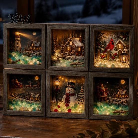 Miniature Landscape Art Christmas Sea Glass Shadow Box Night Light, 3D Winter Snow Scene Wooden Holiday Gift for Friends Frame with LED Warm