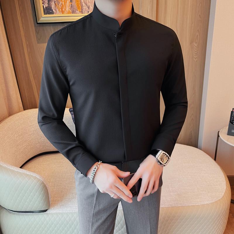 

Men s Spring Arrival Slim Fit Waffle Shirt with Hidden Placket and Stand Collar L