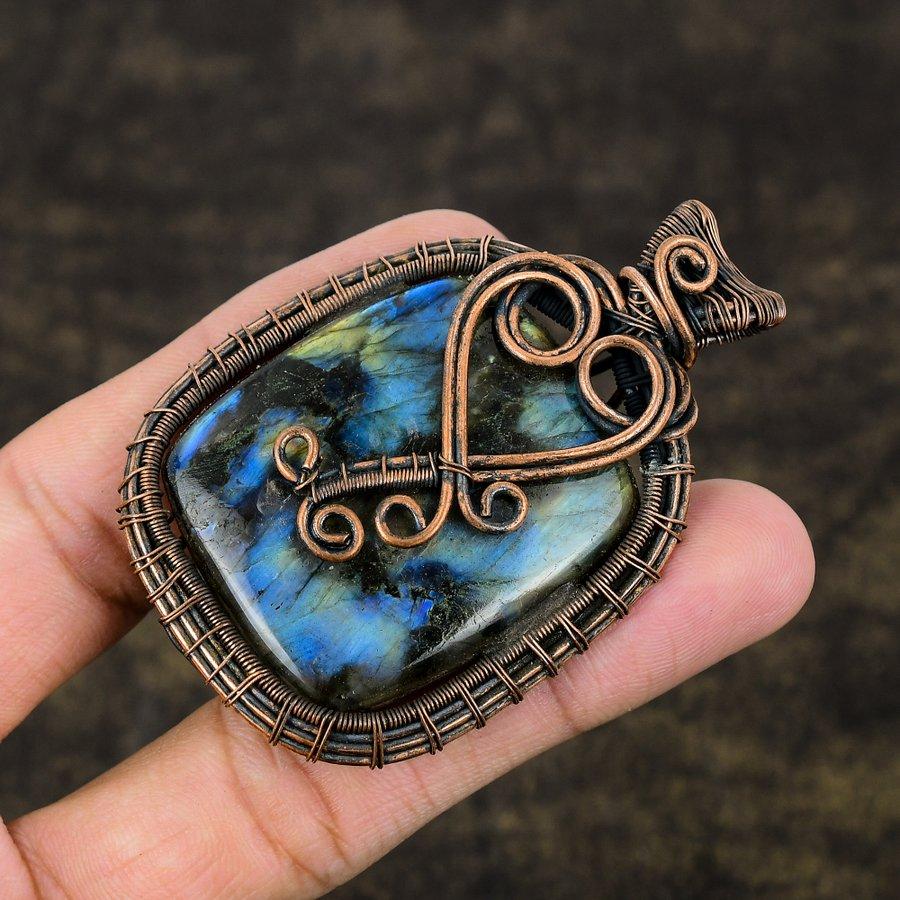 Labradorit Handmade Bijuterii Pandantiv Împachetare Sârmă de Cupru 2,60" Y7b41