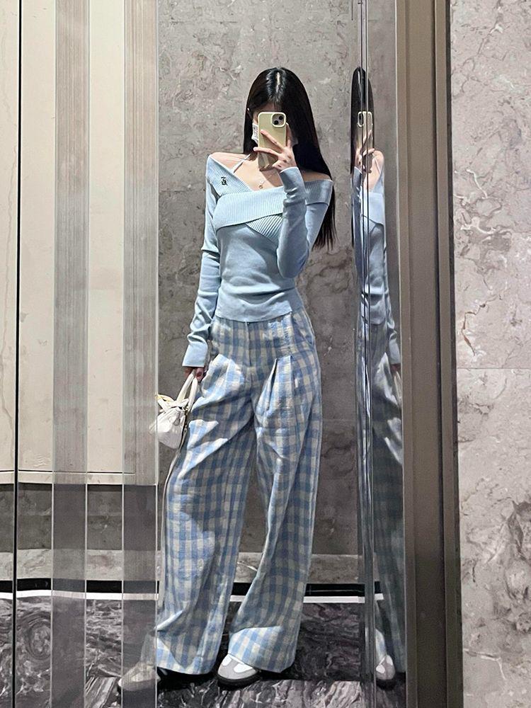 French Slim Fit Off-Shoulder Sweater: Solid Color, Irregular Knit Design for Women - Autumn/Winter Collection