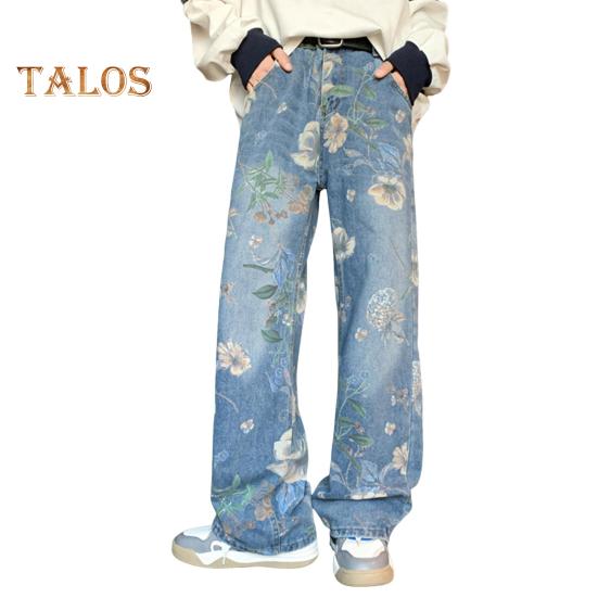 

Мужские джинсы средней посадки с цветочным принтом, прямые, широкие, длинные брюки с карманами, застежкой-молнией, свободные джинсовые брюки M синий