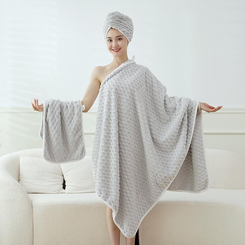 Coral Fleece Three-Piece Bath Set: Thick, Absorbent, Non-Shedding Towels with Hair Drying Cap.
