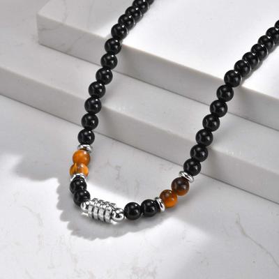 Boho Natural Tiger Eye Stone Beaded Necklaces for Men Stainless Steel OT Buckle Collar Necklace Trendy Vintage Jewelry Gift