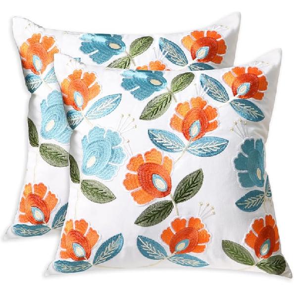 Set of 2 Embroidered Decorative Throw Pillow Covers Couch Square Pillowcases Cushion for Bedroom Sofa Farmhouse Decor 18x18 Inch (Blue Floral)