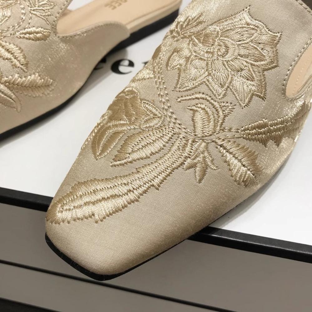 Women's Mules Embroidered Bag Head Half Slippers Women's Outer Wear Spring and Summer Retro Versatile Flat Soled Muller Shoes