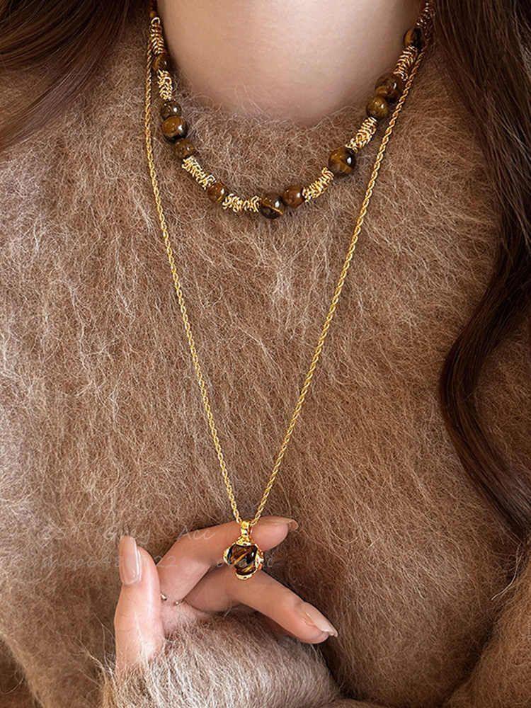 Retro Temperament Maillard Tiger's Eye Stone Pendant Necklace Women's Autumn and Winter Temperament Long Sweater Chain High-end Neck Chain