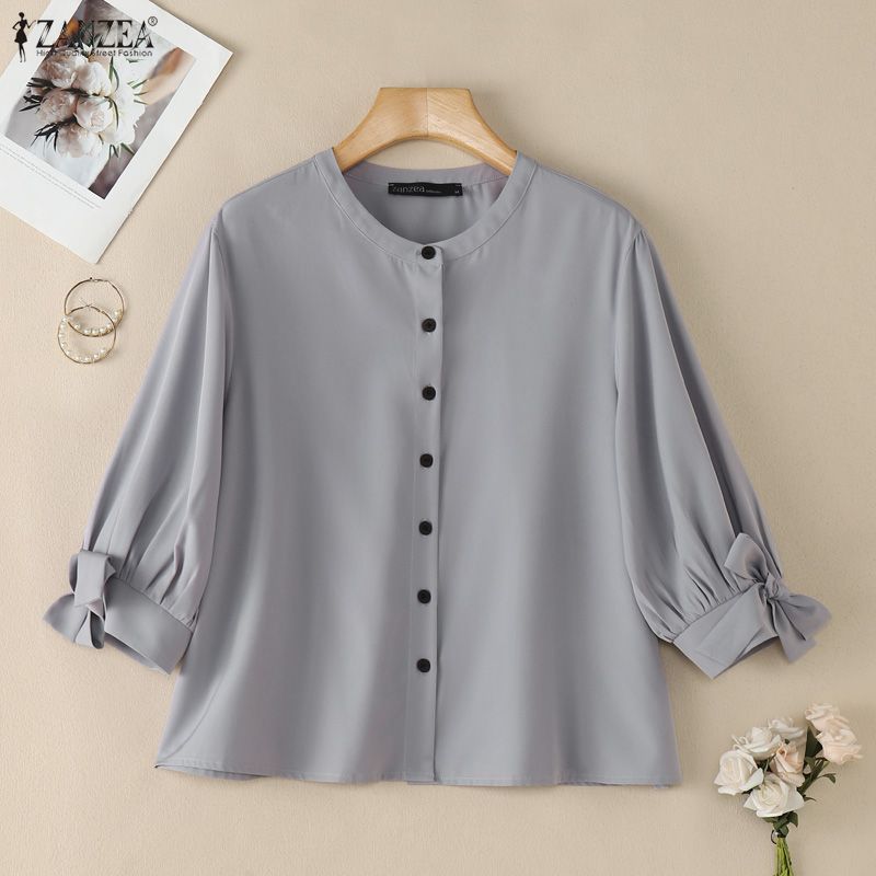 ZANZEA Women Casual Round Neck Solid Color Loose 3/4 Sleeve Blouse
