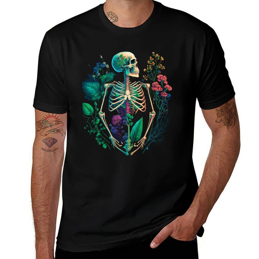 Whimsical Bones And Botany Foliage Rainbow Tshirt Basic Simple Design Short Sleeve Shirt