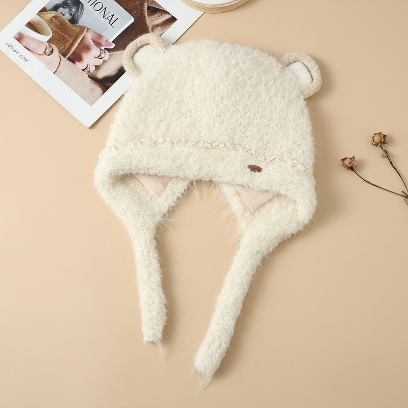 

Autumn and winter hats women s cute bear ears headgear, fleece ear protectors, knitted hats, warm wool hats One Size
