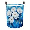 A 2D Flat-Printed White Peony Collapsible Laundry Basket with a Blue Floral Background, Made of Durable Polyester Fabric, Large Capacity, Equipped Wit