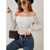 Pure Desire Spice One Line Neck Lace Top Women's New Sexy Slim V-neck with Elegant Off-the-shoulder Long Sleeve T-shirt