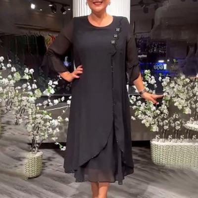 Fall Spring Lady Dress A-line Layerd Hem Three Quarter Sleeves Solid Color Round Neck Mid-calf Length