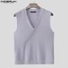 INCERUN Summer Men V Neck Front Cross Solid Rib Casual Tank Tops Undershirts