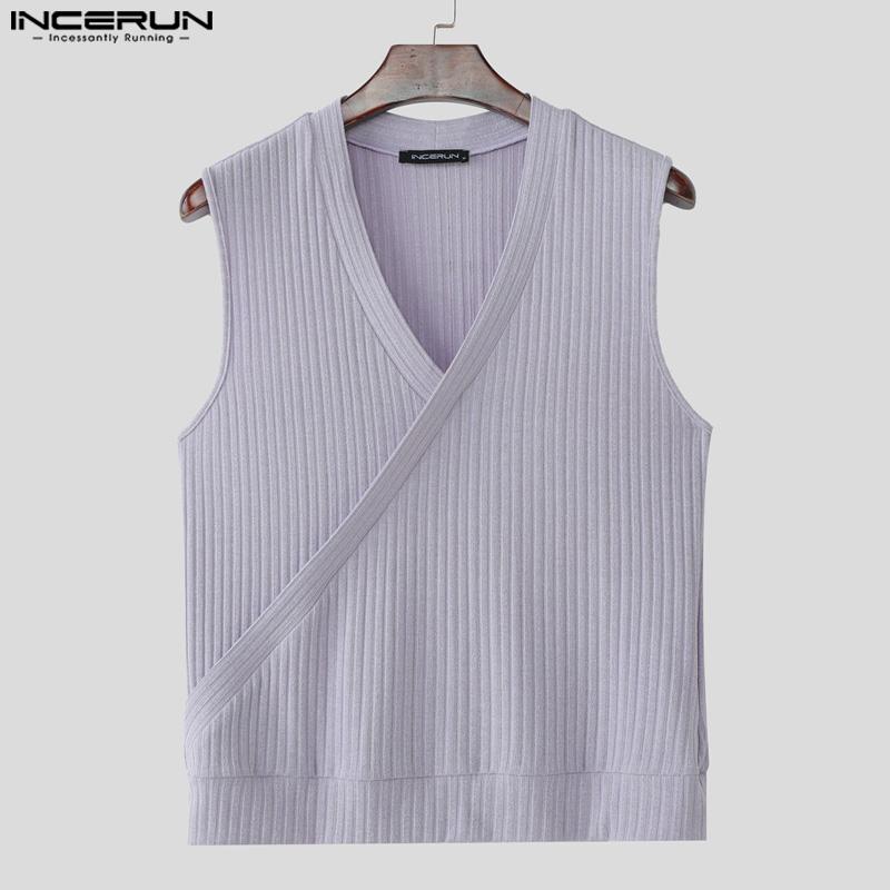 INCERUN Summer Men V Neck Front Cross Solid Rib Casual Tank Tops Undershirts