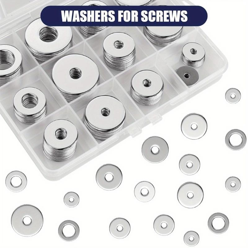 Stainless Steel Large Flat Washers, 8 Sizes Flat Washers Assortment Kit for Car Ship Assembly, Furniture