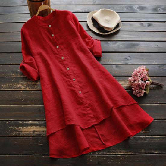 Scollo a O Bottoni Maniche Arrotolabili Orlo Asimmetrico Camicia da Donna Estiva Monocolore Lunghezza Media Sottile Abbigliamento Femminile