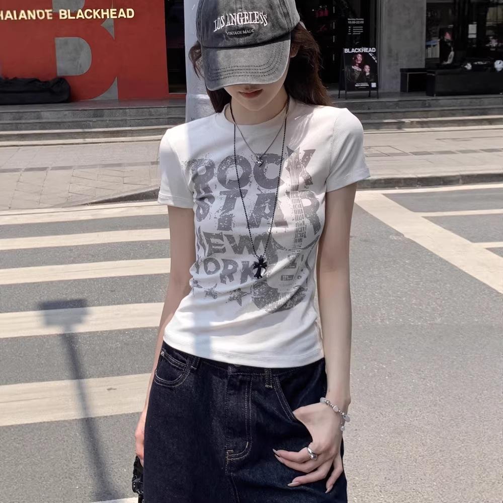 Women'S White Letter Print Short Sleeve T-Shirt Slim Fit Crew Neck Casual Streetwear