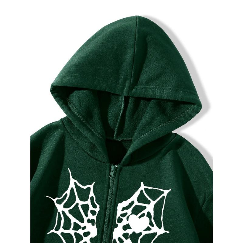 Women S Fall Winter Fleece Hooded Zip Up Cardigan Sweatshirt Spider Web Heart Print