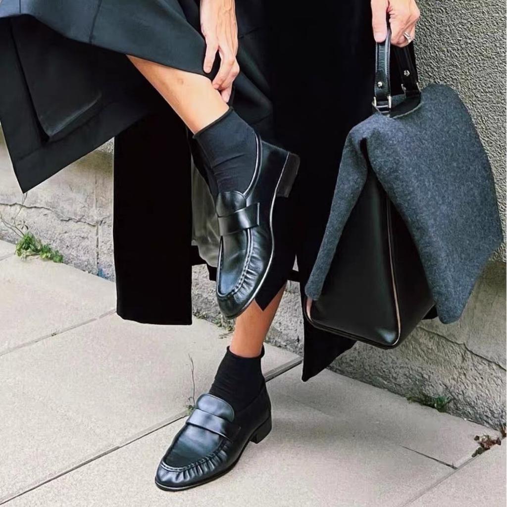 Retro Fashion Handmade Pleated New British Style Leather Shoes Women's Eel Leather Flat-soled Single Shoes