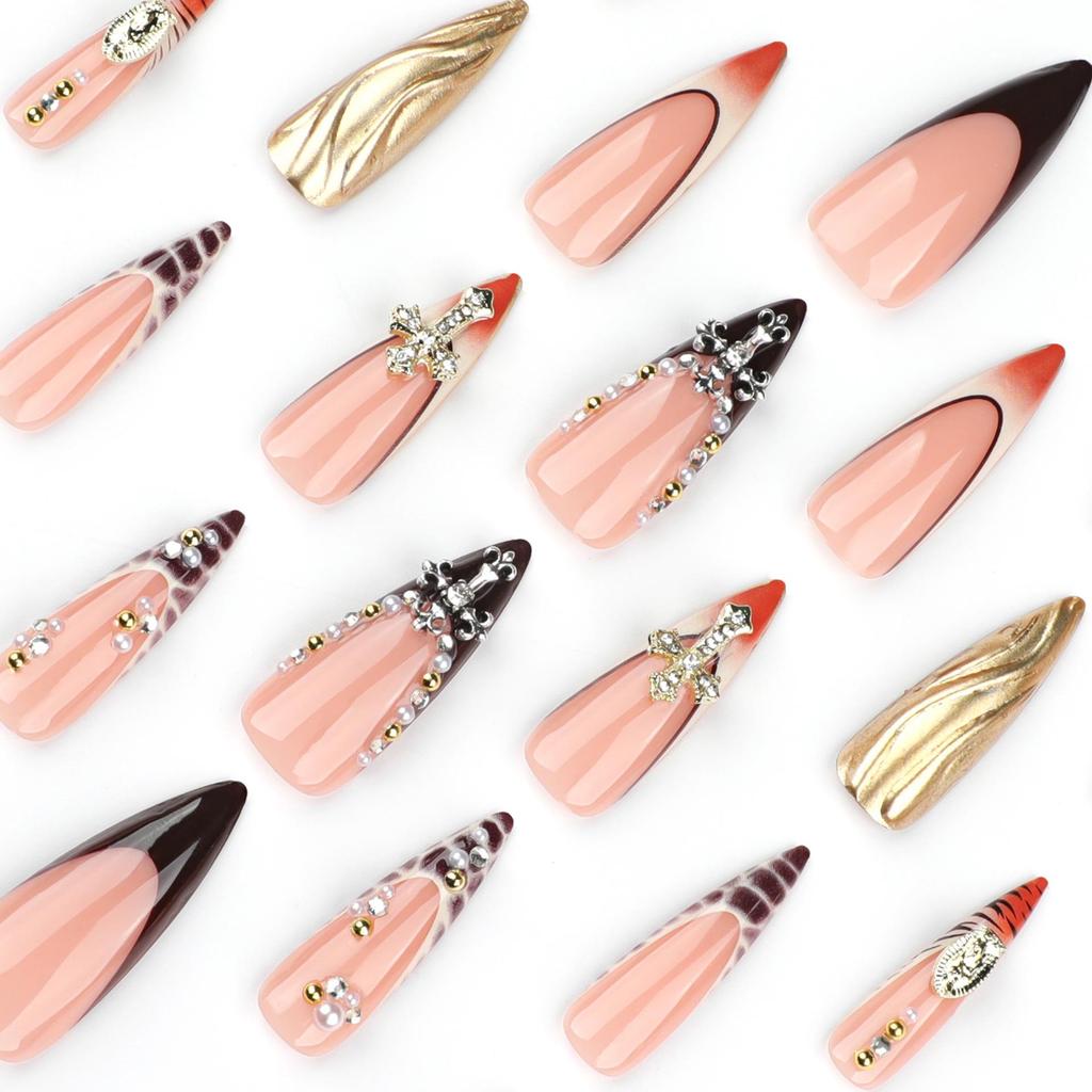 Ongles French Léopard Imprimé Strass Stiletto Longs 3D - Faux Ongles Finition Super Brillante