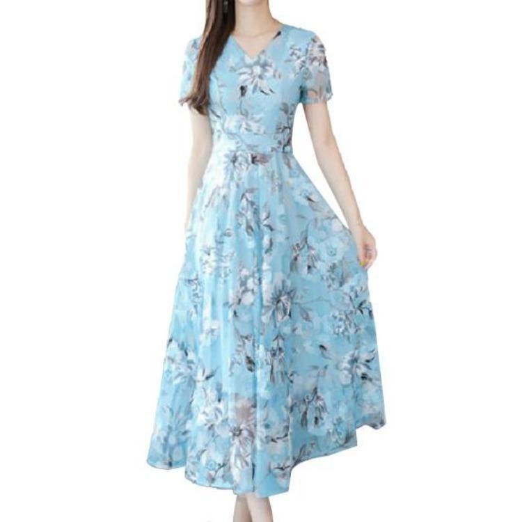 

Summer Floral Print Women Midi Dress Streetwear Party Short Sleeve Waist Tight Dress M небесно-голубой