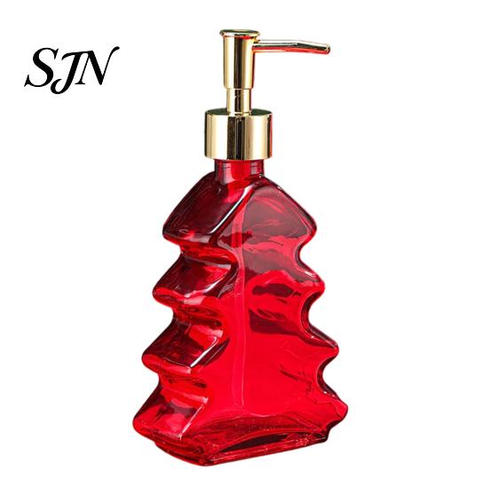 Glass Hand Soap Pump 300ml Christmas Tree Dispenser, Dish Dispenser with Pump, Hotel Guest Room Supplies Xmas Decorative Empty Bottle for Soap,