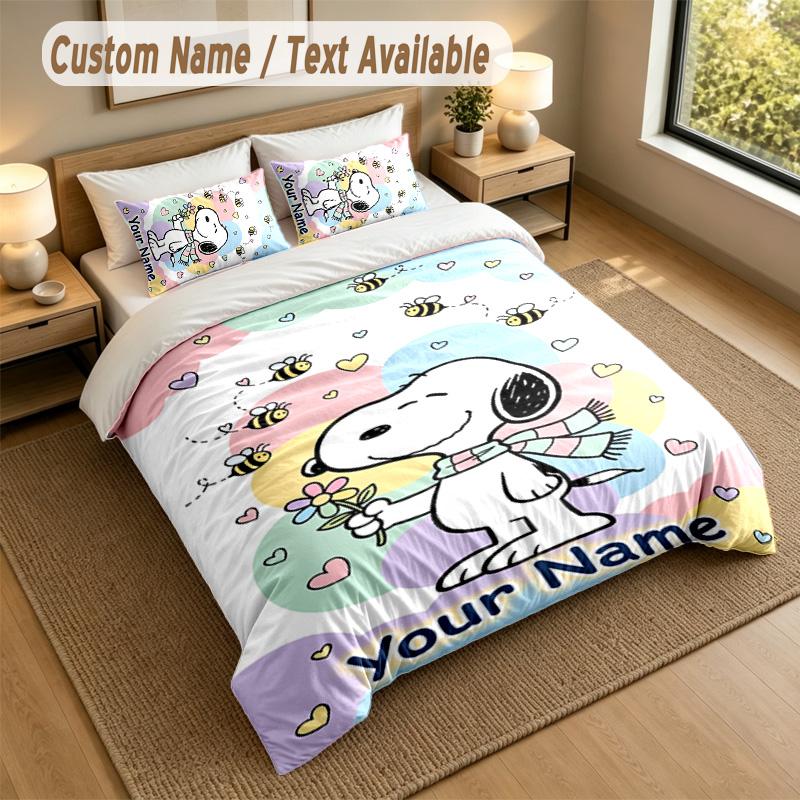 3Pcs Bedding Set Custom Name Text, 1 Sheet 2 Pillowcases Home Bed DecorSnoopy Peanuts