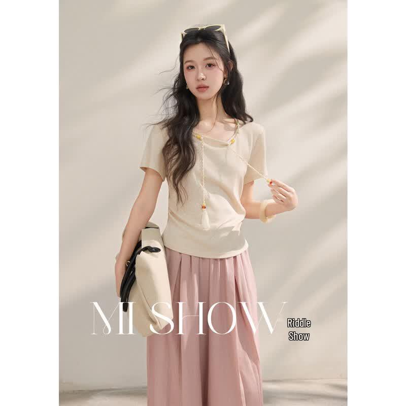 

Women s New Chinese Style Ruched Knit T-Shirt with Tassels S