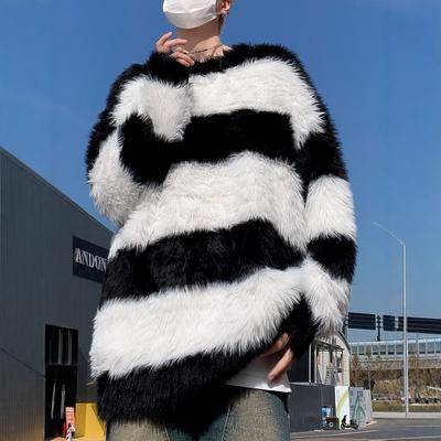 Korean Trendy Brand Striped Round Neck Pullover Sweater for Men In Autumn and Winter Mink Plush Casual Versatile Couple Style Sweater Top