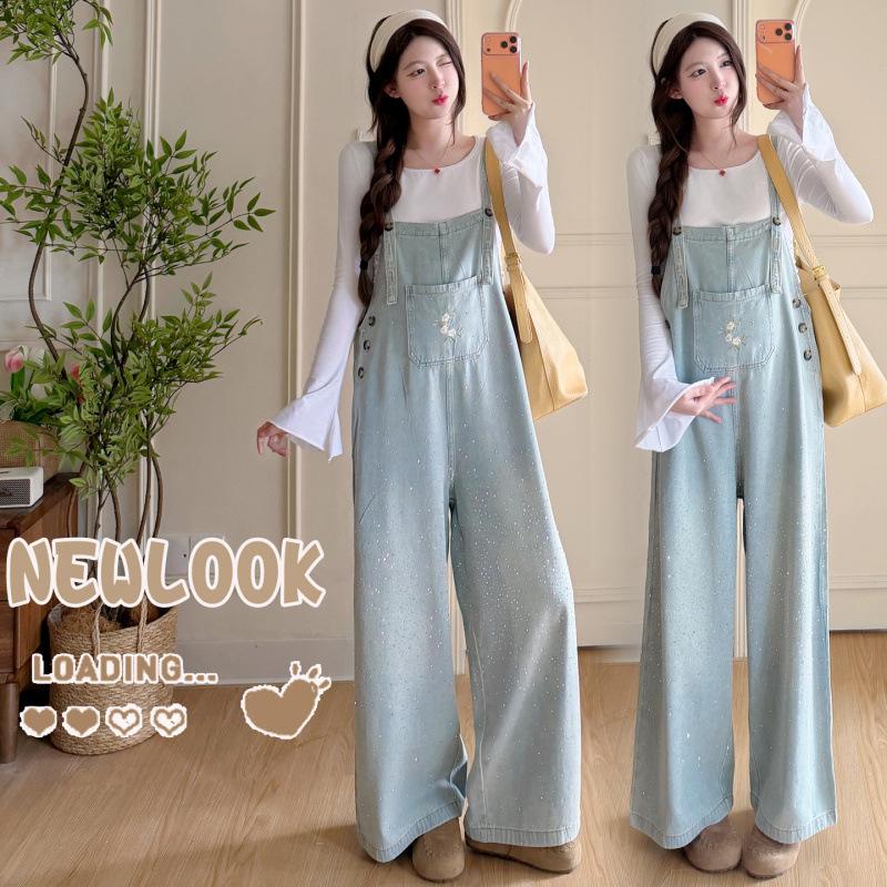 2026 Chic Rhinestone Wide-Leg Maternity Denim Overalls & Flare Sleeve Set