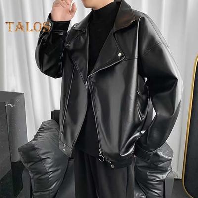 Veste homme imitation cuir style moto couleur unie coupe ample manteau revers manches longues fermeture éclair patte de boutonnage vêtements d'extérieur