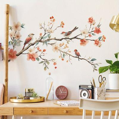 1pc Floral Bird Wall Decal - Removable PVC Sticker with Vibrant Flowers & Birds On Branches, Self-Adhesive Home Decor for Living Room, Bedroom