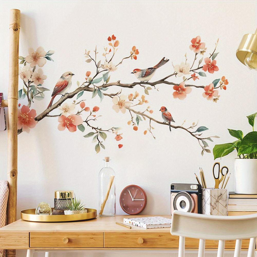 1pc Floral Bird Wall Decal - Removable PVC Sticker with Vibrant Flowers & Birds on Branches, Self-Adhesive Home Decor for Living Room, Bedroom