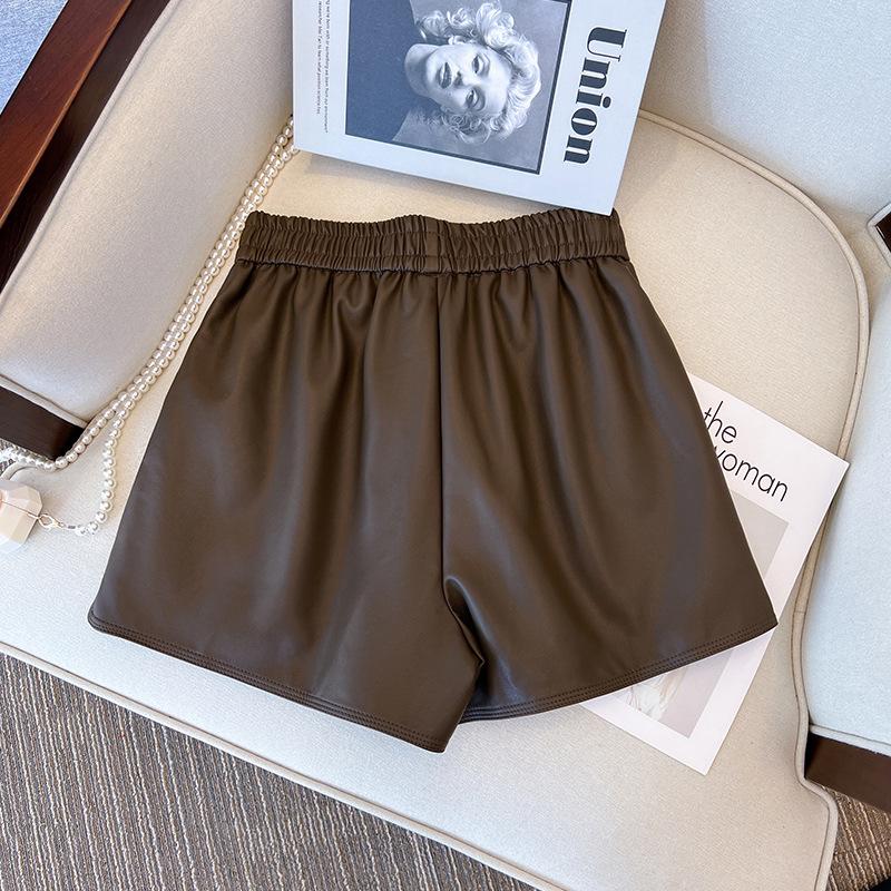 

Women s High Waist Black PU Leather A-Line Bootcut Shorts - Slimming, Wide Leg, Plus Size, Petite, Autumn/Winter Outerwear. 2XL кофейный
