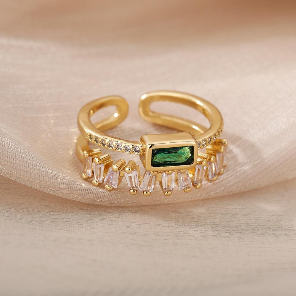 New Personalized Fashion Classic Green Irregular Double layer Zircon Ring Women's Stainless Steel Gilded Wedding Ring