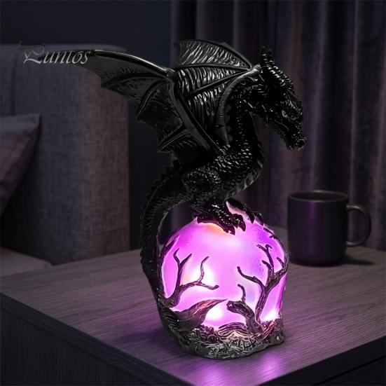 Purple Luminous Crystal Ball Gothic Dragon Night Light, Resin Statue with Glowing Cool Ornament Sphere, Fantasy Table Lamp for Halloween Home Desktop