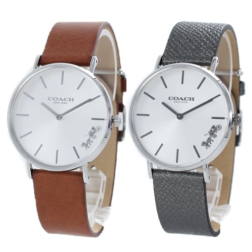 

Coach Perry Watches with Storage Box, Matching Size, Simple, Slim Leather Watches in Brown and Metallic Gray, 1450312014503155
