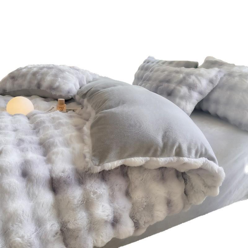 Winter Rabbit Fur & Milk Velvet Four-Piece Bedding Set with Fleece Duvet Cover - High GSM, Perfect for Dormitory.